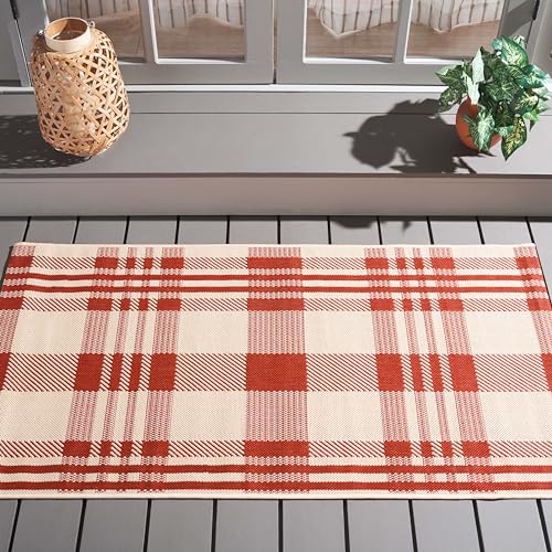 SAFAVIEH Washable Rug Outdoor Courtyard Collection - 27 x 5 Red & Bone Plaid Pattern Non-Shedding & Easy Cleaning Ideal for Patio Backyard Mudroom (CY6201-238)