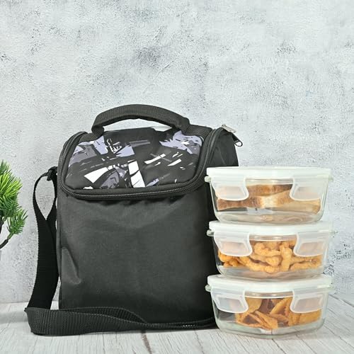Image of Femora Borosilicate Glass Container Lunch Box with Bag for Office, School, Black, Square, 300 ML (3 Container+ 1 Bag)