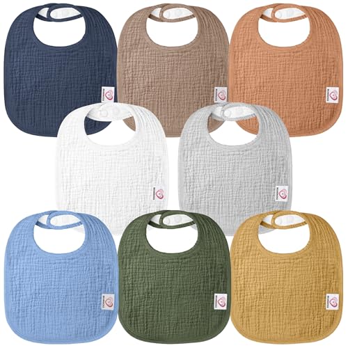 Image of Bearmoss Muslin Baby Drooling Bibs 8 Pack, 100% Cotton Square Adjustable Bandana Bibs Gift for Baby Girls Boys Teething Drool