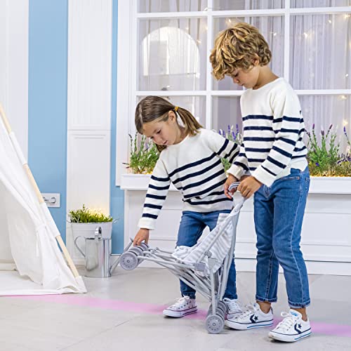 Jc Toys- Silla de paseo plegable modo paraguas, para muñecas de hasta 45 cm, ideal para jugar y pasear, blanco y rosa a rayas, decoración elefante, diseñado por Berenguer, +2 años