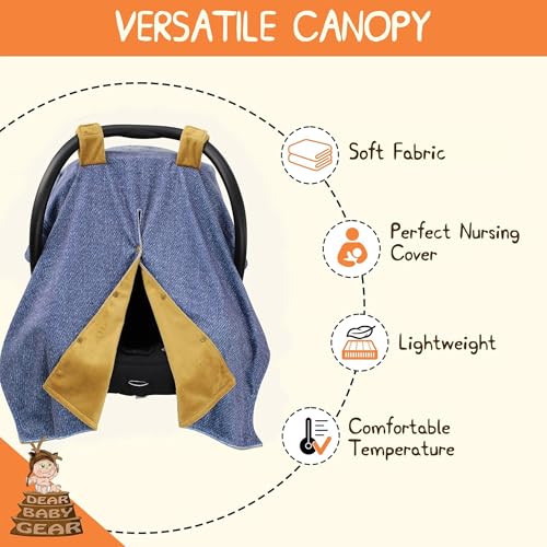 Image of Dear Baby Gear Car Seat Cover for Boys & Girls - Baby Carseat Canopy w /Snap Opening - Infant Seat Cover - Nursing Covers - Newborn Carrier Canopy -40x30 inch(Highland Cow on Denim, Smooth Khaki)