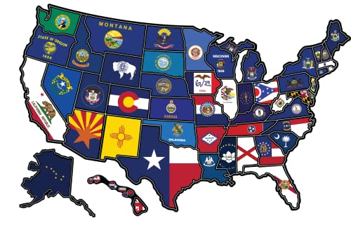 RV State Travel USA Map Vinyl Sticker - Camper Trailer Decals for Window with State Flag - Road Trip Map of America - Waterproof UV Protection for Window Door or Wall (Flags)