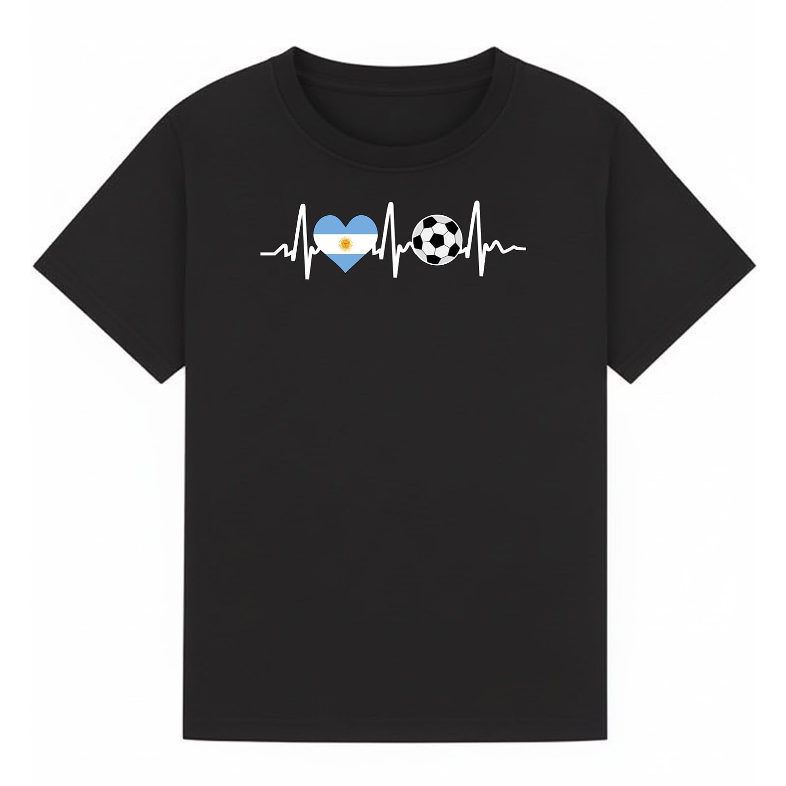 Argentina Soccer Heartbeat Sports Kids Graphic T-Shirt Football Fan Tee Black 14-15Y