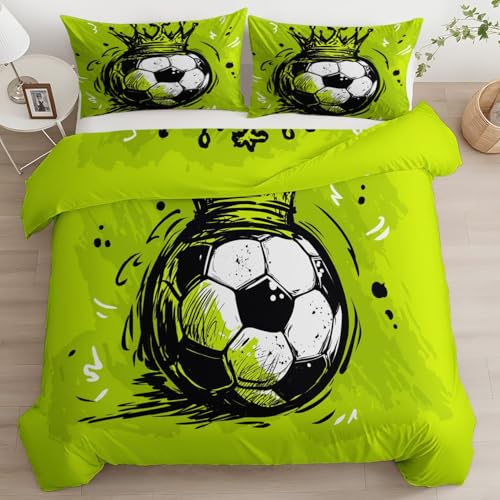 Quixora Parure de Lit Couronne Ballon de Football Housse de Couette Vert 260 x 240 cm avec 2 Taies d'oreiller 65x65 cm, Hypoallergénique Housse Couette 2 Personnes en Microfibre Imprimée