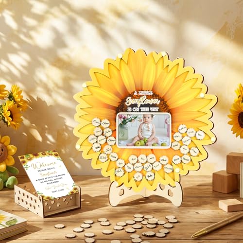 Image of Wenqik 63 Pcs Sunflower Baby Shower Guest Book Alternatives Set Baby Shower Decorations with Photo Frame Sonogram Frame Keepsake 60 Wood Slices Guest Book for Birthday