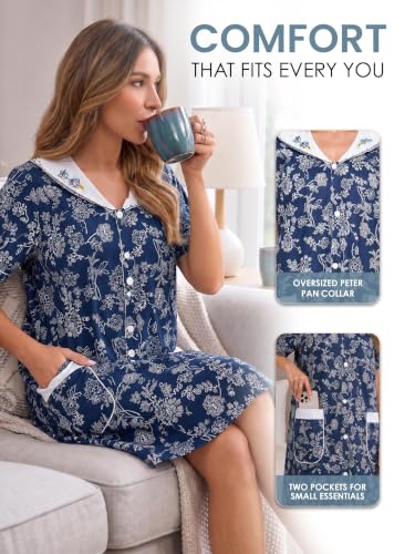 Image of Casual Nights Women's Snap - Front House Dress Short Sleeve Woven Housecoat Duster Lounger Robe with Pockets