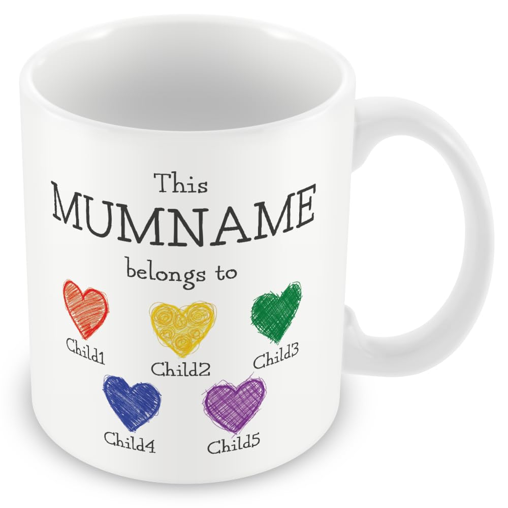 Personalised “This Mum Belongs to” Mug – Custom Children Names Heart Mug for Mum – Cute Kids Drawing Style Mother’s Day Gift – Up to 5 Children – Add Matching Card or Coaster