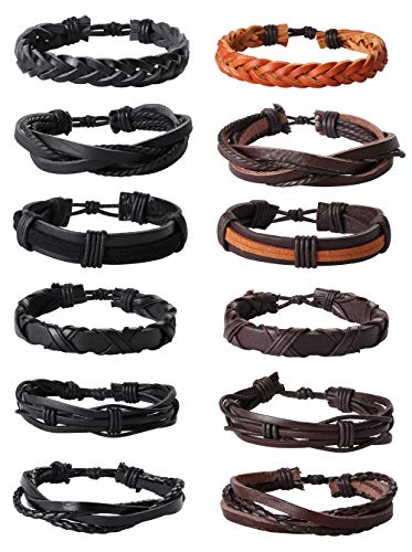 Jstyle 12Pcs Braided Bracelet for Men Beaded Bracelets Wrap Leather Wooden Bracelets Adjustable