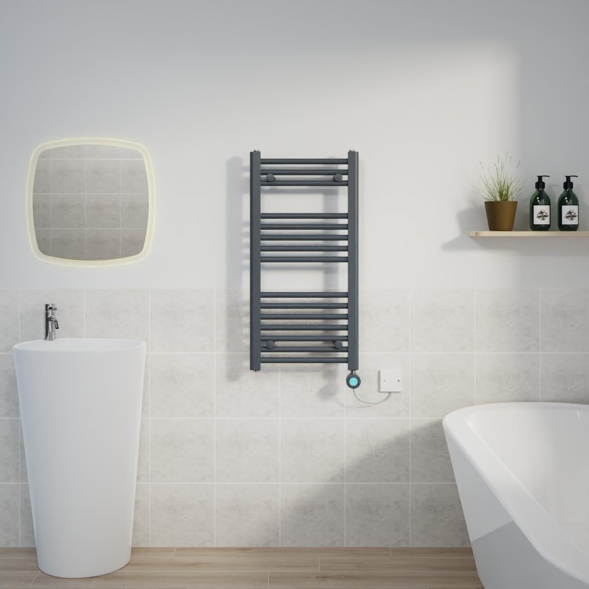 Warmehaus Anthracite 400W Electric Thermostatic Heated Towel Rail Bathroom Radiators Straight With Lcd Display Timer - 800X400mm