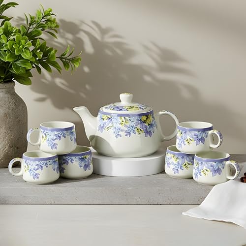 Image of CRAF10 Handcrafted Ceramic Blue Lilac Floral Print Teapot Cup Set - 1 Kettle (1 Litre) & 6 Cups (160 ML), Microwave & Dishwasher Safe | Morning Set | Tea Sets with Kettle