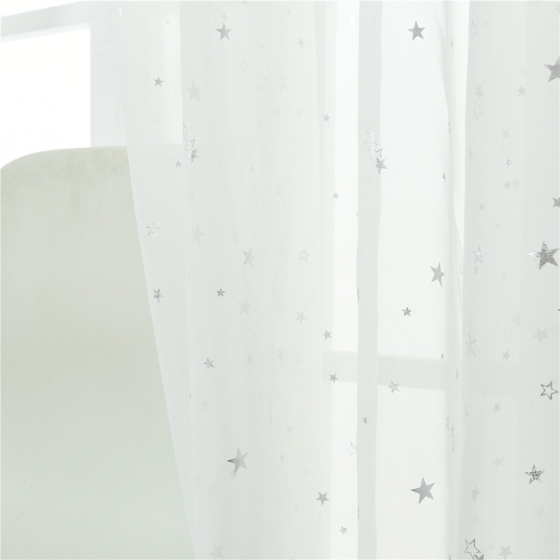 Silber Metallic Look Sterne Voile Gardine Transparent Vorhang für Wohn- und Schlazimmer Voile Fenster Gardinen Dekoration 2er Set Vorhänge,Weiß,W140xL180cm
