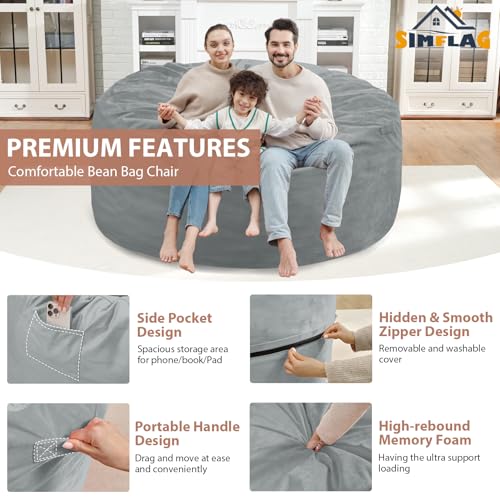 5FT Bean Bag Chair, Large Bean Bag Chairs with Memory Foam Filled, Fluffy Beanbag Sofa with Dutch Velvet Cover, Round BeanBag Chairs for Living Room, Playroom - Light Grey