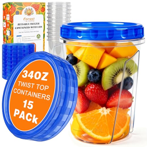 15 Pack 34oz Reusable Freezer Storage Containers with Twist Top Lids Airtight Clear Plastic Soup Freezer Containers Quart Food Storage Containers with Lids for Meal Prep Leftover Lunch Salad Fruit