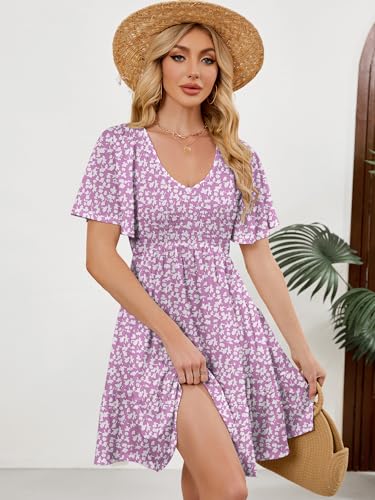 Image of UEAL Womens Cute Floral Smocked V Neck Flutter Sleeve Sundress with Pockets Casual Spring Summer Dresses for Women 2026