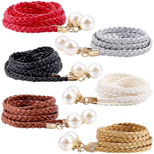 CRASPIRE 12Pcs Thin Braided Belt PU Leather 54.37 Inch Boho Knotted Waistband Rope Vintage Skinny Trendy Adjustable Tie Decorative Woven Waist Cord for Ladies Women Summer Skirt Dress Clothes