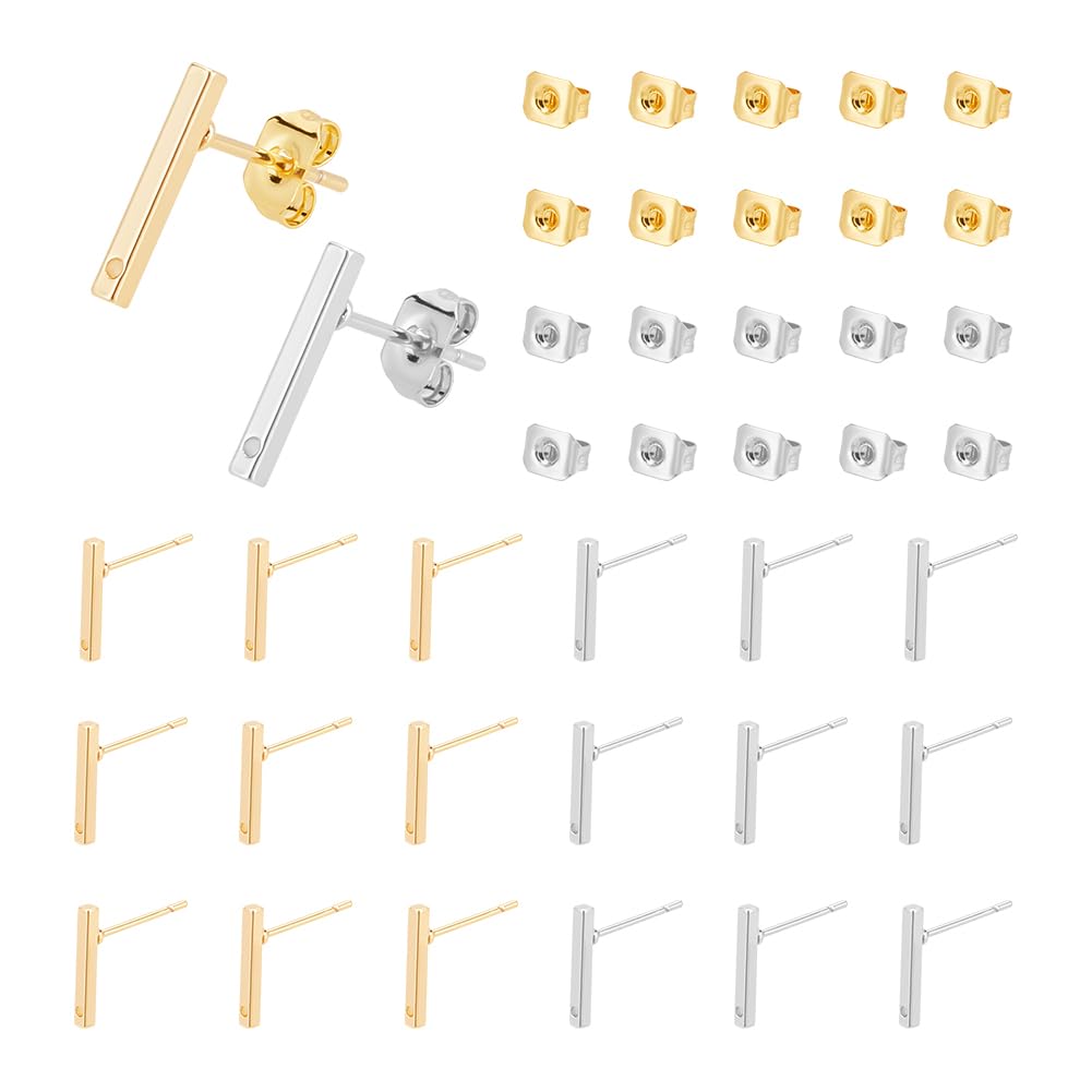 UNICRAFTALE 20 Pcs 2 Colors Brass Stud Earring Findings Rectangle Ear Stud Metal Start Earring with 20Pcs Brass Ear Nuts and Loop 12.5mm Long for DIY Earrings Necklace Jewelry Making