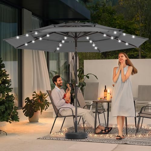 Image of JEAREY 3 Tiers Patio Umbrella with Solar Lights 9ft Outdoor Market Table Umbrellas with Push Button Tilt for Outside Pool Garden, Gray