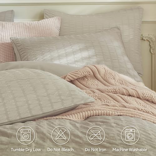 Image of JELLYMONI Light Khaki Duvet Cover Full Size, 3pcs Washed Microfiber Bedding Set, Soft Breathable Seersucker Duvet Cover Set with Zipper Closure and Corner Ties for All Seasons