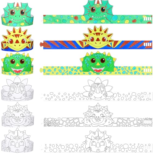 WinnerWhy 24 Pcs Color Your Own Dinosaur Party Hats DIY Dinosaurs Headband Craft Dinosaurs Coloring Crowns for Cos Dinosaur Back to School Classroom Birthday Party Decoration Favor Family Event Gift
