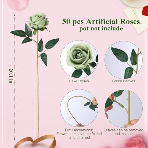 Image of 50 PCS Green Roses Artificial Flowers, Fake Roses with Stem Realistic Silk Roses for DIY Wedding Bouquets Tables Centerpieces Arrangements Baby Shower Birthday Home Decor Valentine's Day Gift for Her