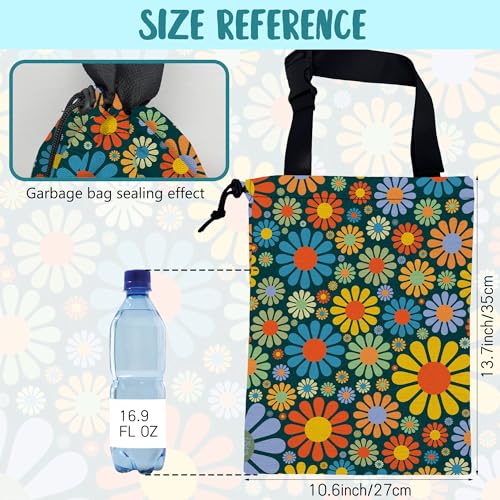 Image of Car Garbage Bag Vintage Groovy 70s Floral Drawstring Car Trash Bag Hanging for Back Seat with Adjustable Buckle Canvas Vehicle Trash Can Easy-to-Install