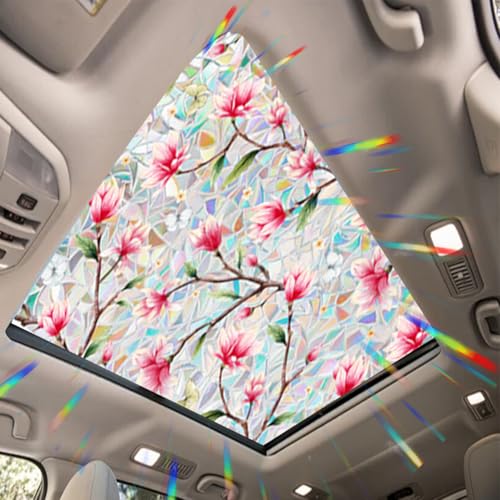 JOONOR Pink Magnolia Flower Sunroof Film Floral Rainbow Effect Static Clings Window Privacy Film Sun Protection Stained Glass Decals for Car Moonroof & Side Windows, 17.72 x 35.43 Inch