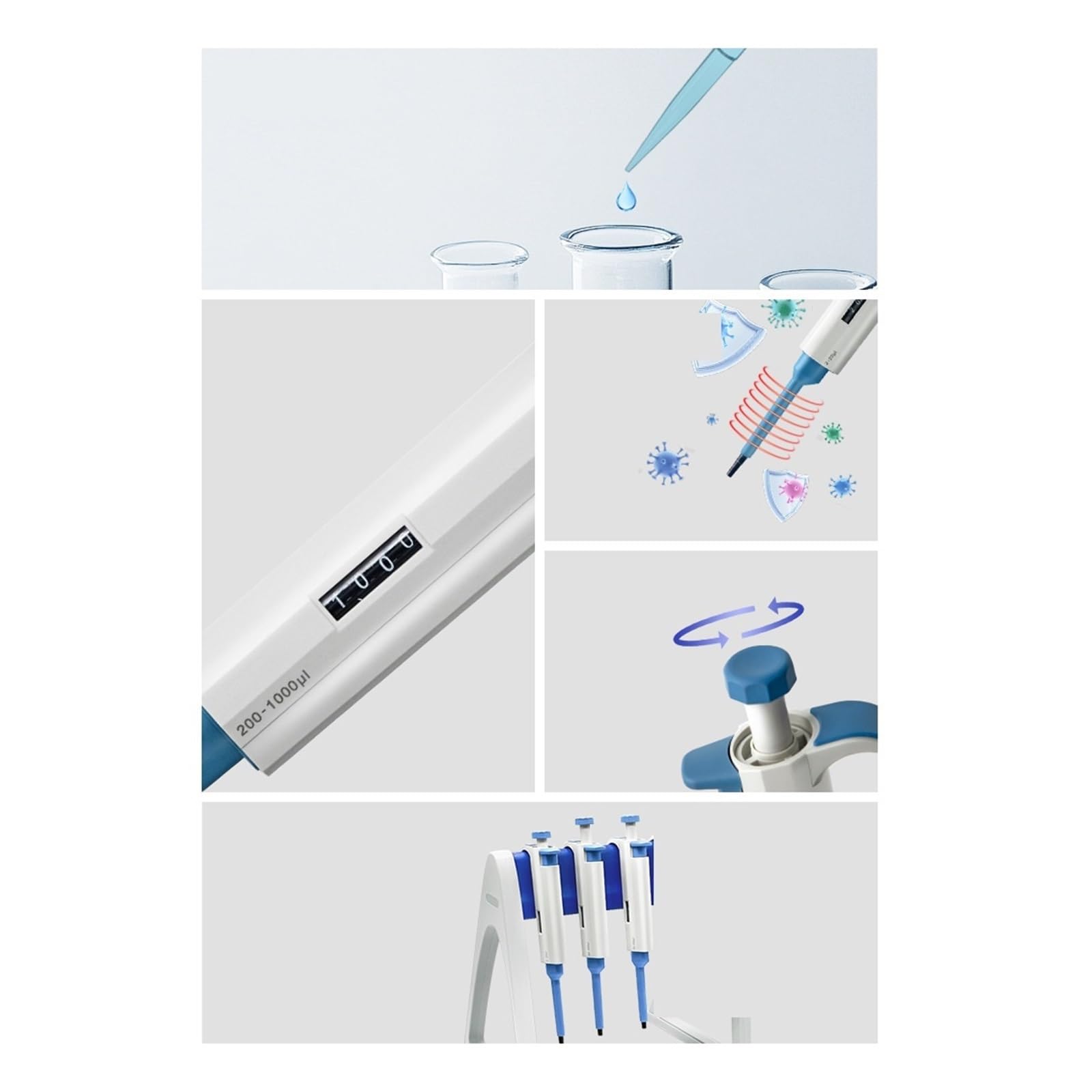 Pipette 5 Stück Laborpipette, Wirtschaftliche Mikropipette, Einstellbares Volumen, Einzelkanal, Manuell, 0,1 Bis 1000 UL für Labor(0.5-10ul)