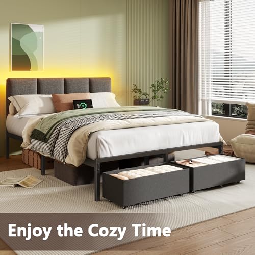 Image of Furnulem Full Size Bed Frame with Headboard, Upholstered Full Bed Frame with LED Light, USB Charging Station, Platform Bedframe with 2 Fabric Underbed Storage Drawers, No Spring Box Needed