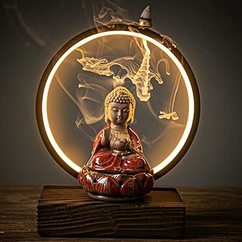 Ceramic Buddha Incense Burner Waterfall Chinese Backflow Incense Burner Holder with LED Light Incense Cones for Home Office Decor (Red) Cover
