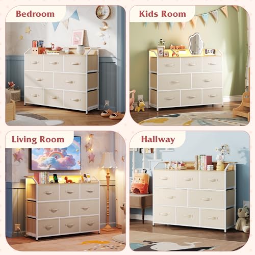 Image of WLIVE Led Dresser for Bedroom, TV Stand for Bedroom with LED Lights and Power Outlet, Wide Chest of Drawers for Hallway, 8 Fabric Drawers for Living Room and Entryway, Cream White