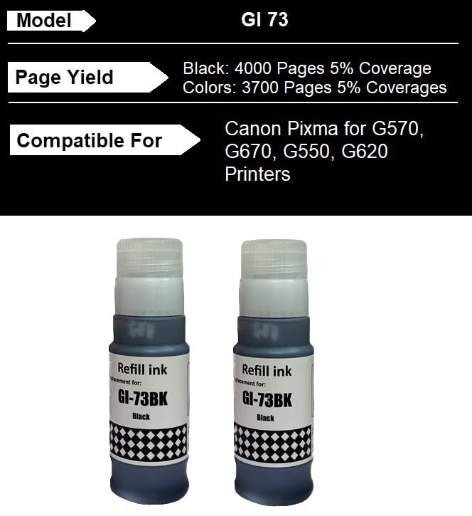 Image of KOSH GI-73 Ink Bottle Compatible for Canon Pixma G570, G670, G550, G650, G620 Printers (Black -2PIC)