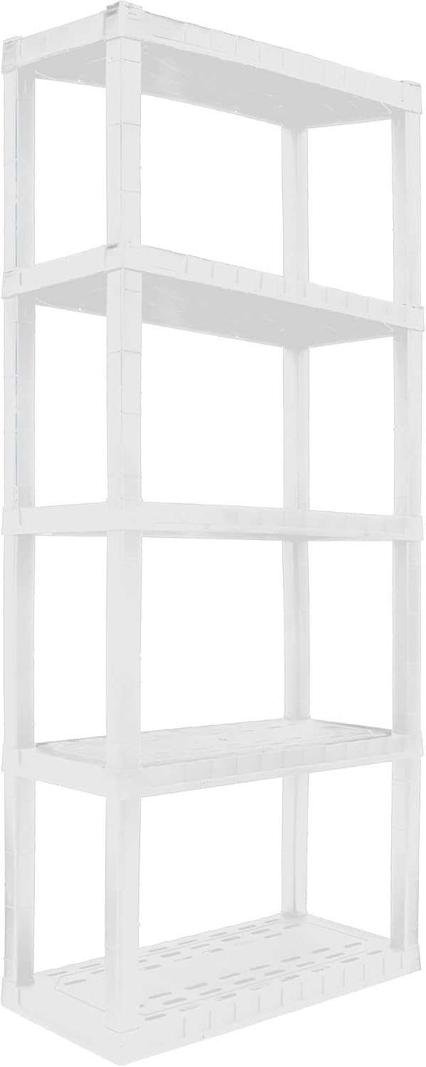 Koolatron Oskar 5 Tier Plastic Shelf, Garage Shelving Unit, Rack and Storage Shelves - Ideal for Storage Shed, and Shelf Organizer - Perfect for Garage Storage and Shelving Solutions,White