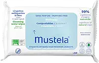 Mustela Toalhas Umedecidas Compostáveis Sem Perfume 60 Unidades - Feito com 99% de Ingredientes Naturais - Lenços Umedecidos sem fragrância Mustela Bebê e Criança