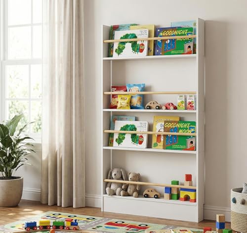 Image of 4 Tier Behind The Door Bookshelf, Space Saving Behind The Door Bookcase Wooden Kids Book Shelf for Bedroom Living Room Study White (120 * 70cm)