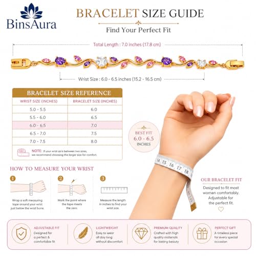 Image of BinsAura Gold Plated Crystal Bracelet for Women | Pink Purple White AAA Cubic Zirconia Tennis Bracelet | Adjustable Luxury Fashion Bracelet for Girls | Birthday Anniversary Valentine Gift Jewellery