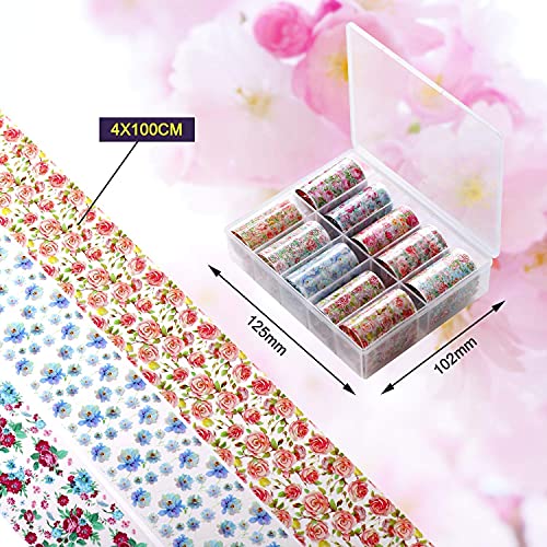 Makartt 10 Rolls Flower Print Nail Foil Transfer Stickers Bundle With Nail Foil Glue Gel For Nail, Foil Gel Transfer For Nails Art Stickers Strong Adhesion Foil Transfer Gel Soak Off Nail Foil Kit #TOP2