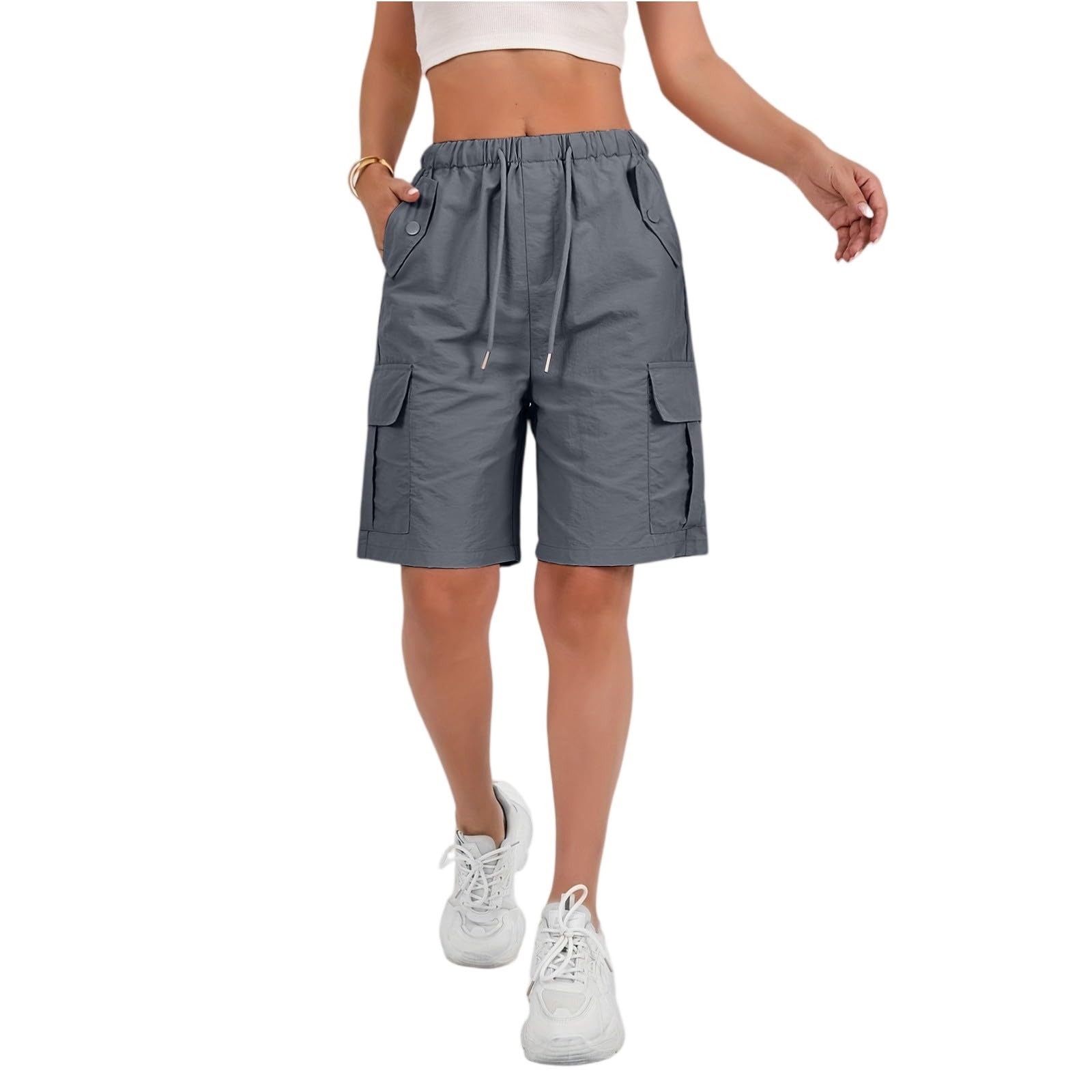 Cargo Shorts for Women Knee Length Elastic Waist Bermuda Shorts Lightweight Outdoor Waterproof Tactical Short with Pockets Summer Hiking Bermuda Vacation Cargo Pants Bermudas para Mujer Grey
