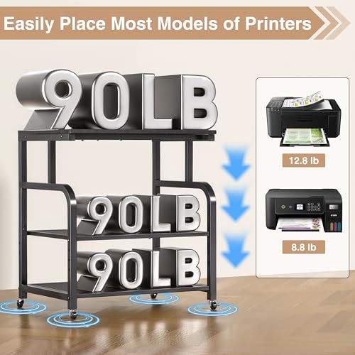Image of niffgaff Mobile Printer Stand with Large Desktop - 3 Tier Shelf, 24.4 Inch Height, Wooden Organizer for Home&Office, Black