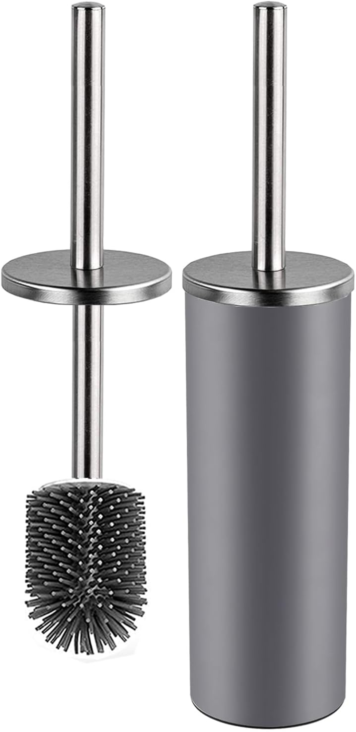 Toilet Brush and Holder,Stainless Steel Lid Handle,Silicone Deep Cleaner Toilet Brushes with Quick Drying Holder Set for Bathroom Toilet(Grey)