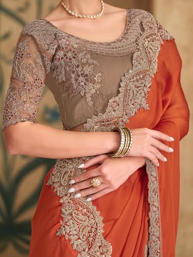 Image of AKHILAM Women's Satin Sequence Embroidery Saree With Unstitched Blouse Piece(SNDLWOD1601 TFH Parent)