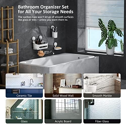 LEVERLOC Suction Cup Shower Caddy & Soap Holder & Toothbrush Holder Pack of 3 Shower Shelf NO-Drilling Removable Bathroom Organizer Set Heavy Duty Basket for Bathroom & Kitchen - White in Plastic