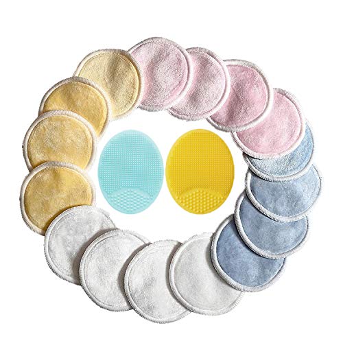 16 Pack Reusable Makeup Remover Pads + Bonus Face Brush, Washable Reusable Cotton Rounds for Cleaning Face Halo Facial Pad Cloth Eye Wipes, Eco-friendly Face Cleansing Wipes for All Skin Types
