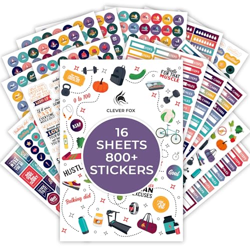 Image of Clever Fox Fitness Planner Stickers for Women, 840+ Nutrition & Workouts | Small monthly, weekly and daily designs for exercise, health, agenda, calendar, journal, stickers for adults, 16 sheets
