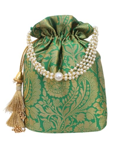 Image of MILAN'S CREATION Banarasi Silk Brocade Potli Bag Purse With Base Drawstring Women's handbag with Pearl Handle & Tassel Weddings