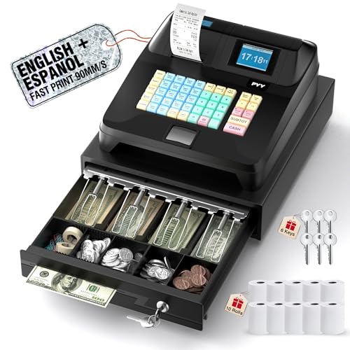 Image of PYY Cash Register for Small Businesses - Caja Registradora para Negocio with English /Spanish Language System, Dual Display, Thermal Printer & Lockable Cash Drawer, Multi-Device Connectivity, 48 Keys