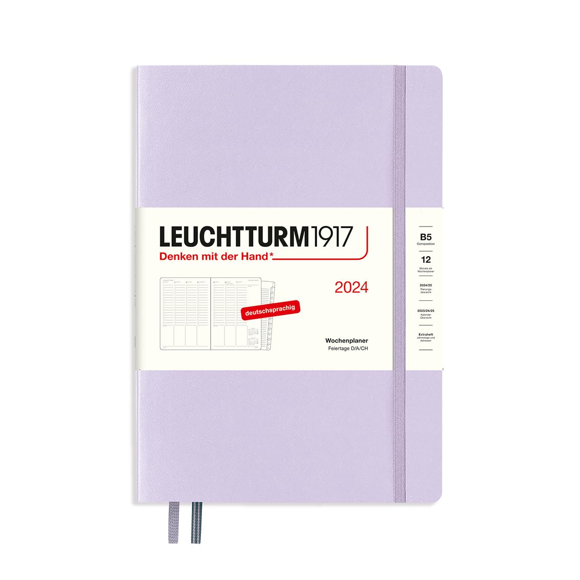 LEUCHTTURM1917 367845 Weekly Planner Composition (B5) 2024, with Extra Book for Addresses and Anniversaries, Lilac, German, 12 Months