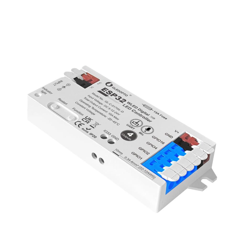GLEDOPTO ESP32 WLED WiFi LED Controller 4 Way Alexa Google Home Compatible for RGB LED Strips 5-24V Max 15A GL-C-017WL-D (1 Piece)