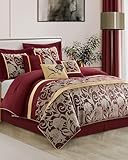 LANCO MODERN LIFESTYLE Queen Comforter Set, Red Gold, Luxury Floral Jacquard Bedding Sets Included Comforter, Bedskirt, Pillow Shams and Decorative Pillows, 7 Pieces, All Seasons