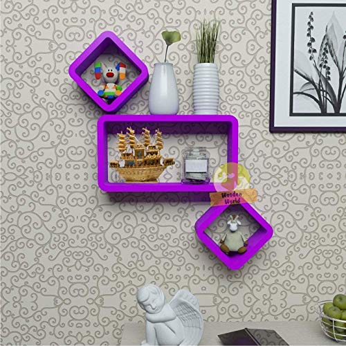 Wooden World Cube Floating, Wall Shelf, for Living Room,Drawing Room. (Set of 3) (Brown) (Purple)