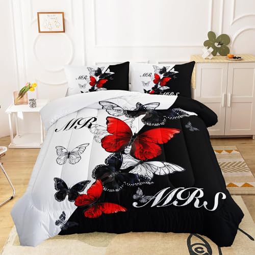 Image of AILONEN Mr Mrs Black and White Comforter Set Queen Size, Red and Black Butterfly Bedding Set Gifts,Soft Lightweight Microfiber Duvet Set 3 Piece All Season,1 Comforter with 2 Pillowcases